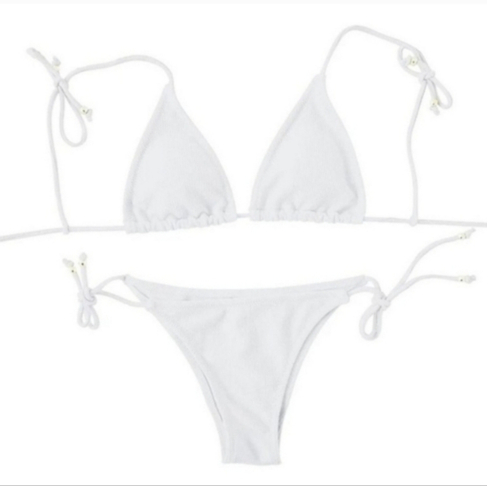 New White Ribbed Tie Shoulder Tie Side Triangle Bikini Set Swimsuit Size XL - Picture 4 of 5